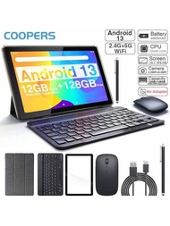 Coopers Android 13 10英寸平板電腦,12gb（6gb+6gb擴展）ram 128gb Rom 1tb擴展,帶鍵盤的2合1電腦平板電腦,rk3562四核2.0 Ghz,ips Hd屏幕,6000mah,2.4g/5g/wifi 6無線5.0平板電腦,帶筆,滑鼠,保護套,保護膜