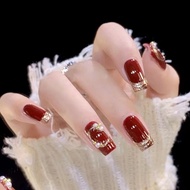 Red Red Shiny Diamond New Year Red Manicure Shiny Gold Powder Wear Nails Encore Red Fake Nails202512