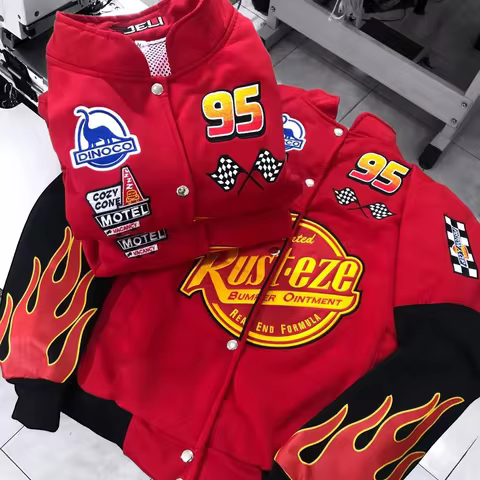 Mens and Womens Red Black Racing Style Baseball Jacket with Flame Pattern Number 95 Single Breasted 