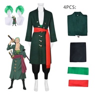 Anime Roronoa Zoro Cosplay Kostum Hijau Coat Belt Seluar Kepala Scarf Rambut Palsu Halloween Lelaki Pakaian Set Penuh