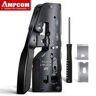 AMPCOM Cat 7 Network Crimping Tool CRIMP/CUT/TRIM/STRIP 4-IN-1 Works with Pass Thru/Non-Pass Thru CA