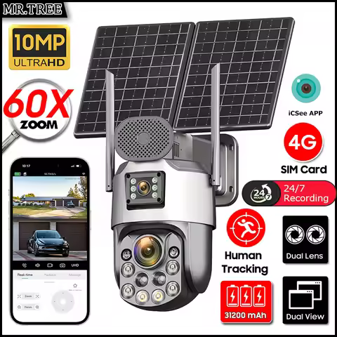 60X Optical Zoom Solar Camera 4K 4G SIM Dual Lens PTZ Human Auto Tracking 10MP CCTV Outdoor Surveill