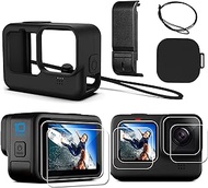 PCTC Hero 10 Silicone Sleeve Protective Case + 6 Pack Tempered Glass Screen Protector for Hero 10 Hero 9,Accessories Kit for GoPro Hero 10/Hero 9 Black（Battery Side Cover &amp; Lens Caps &amp; Lanyard）