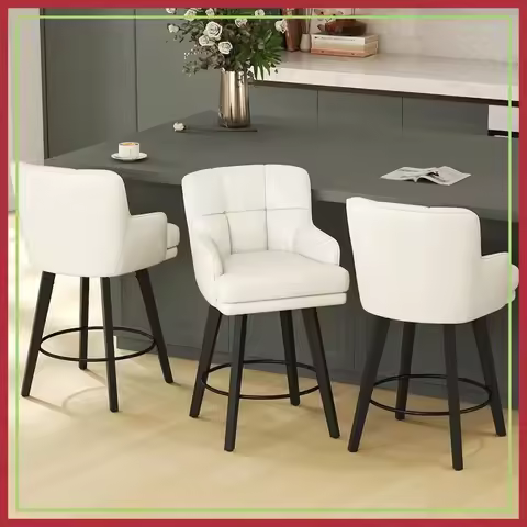360° Swivel Bar Stools Set of 3, 26" Solid Wood Legs, Faux Leather Kitchen Island Chairs, Beige