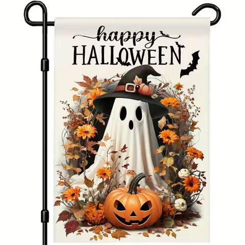 Happy Halloween Garden Flag Ghost Jack Lantern Bat Pumpkin Flower Garden Flag Polyester Fabric Hallo