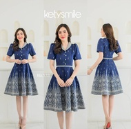 ชุดเดรสผ้าทอ คอปก แต่งขอบเอว กระโปรง8ชิ้นทรงย้วย อัดกาวทั้งชุด สวยมากๆค่า (S-2XL) KS533