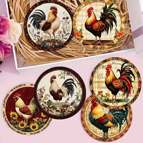 6 pcs vintage rooster-pattern wooden heat-insulating coasters for home use Wooden coasters coffee sh