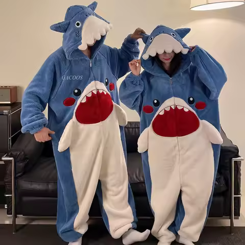 Cartoon Shark Onesie Winter Warm Sleepwear Women Men Pajamas Thicken Couple Pijamas Cartoon Night Cl