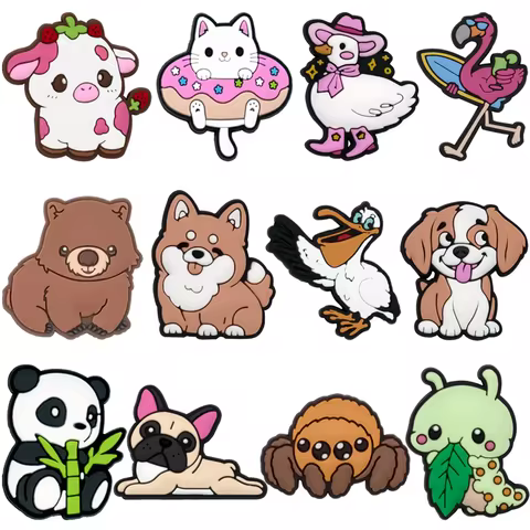 1/12PCS Cute Caterpillar Shoe Charms, Duck Milk Cat Pins for Sandal Decorations, Panda Bear Clog Buc