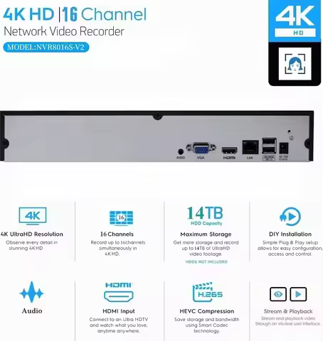 16CH 4K ONVIF H.265/H.264 Support 1 SATA NVR Network Digital Video Recorder Max 14TB XMEYE CMS with 