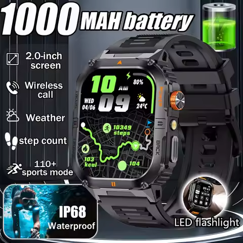 2026 1000mAh military outdoor smartwatch 2.01 inches LED flashlight IP68 waterproof Heart rate sleep