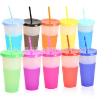 16oz 24oz 710ml Temperature-Sensitive Color-Changing Cup Frosted Straw with Lid Straw Water Cup Set 