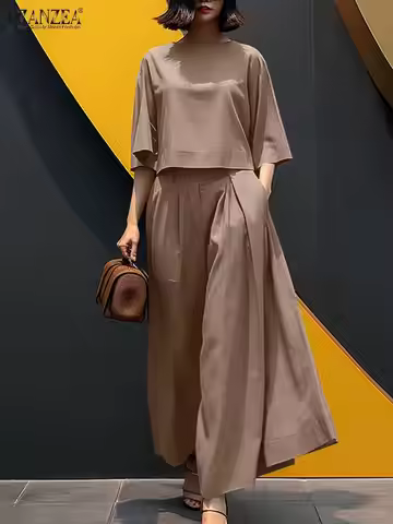 ZANZEA Summer Pant Sets Fashion Matching Sets Women Three Quarter Sleeve O-Neck Side Pockets Top 2PC