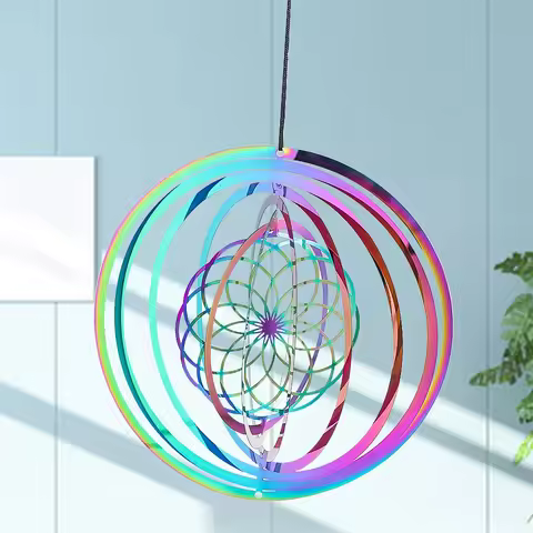 Rainbow Flower of Life Wind Chimes 3D Metals Rotating Geometric Energy Meditation Wind Chime Fairyta