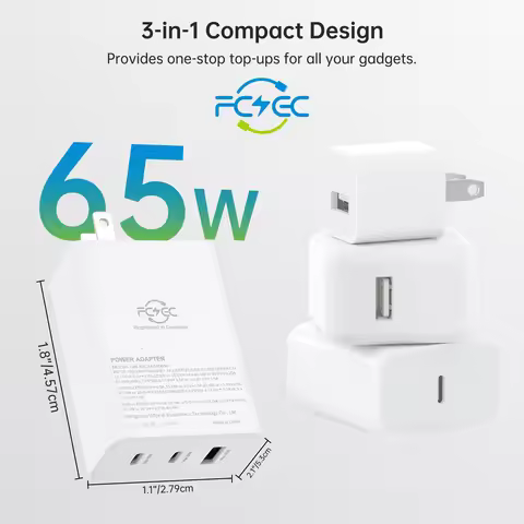 America standard 65W Fast Charger Three-Port Charging Head TypeC Cable for Phone with Type-c/lightin