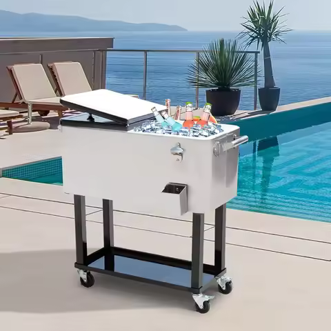 80 QT Wheeled Stand Up Drink Cooler Cart,Silver,For Outdoor Party, Custom