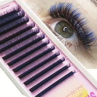 12 Rows Color YY Blue False Eyelash Set - Pre made Volume Fan Mango Eye, D-roll Fluffy Natural, 8-15
