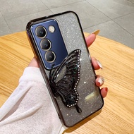 Luxury Plated Clear Phone Case For VIVO Y100 5G Y36 Y17S Y27S Y03 Y16 Quicksand Butterfly Bracket De