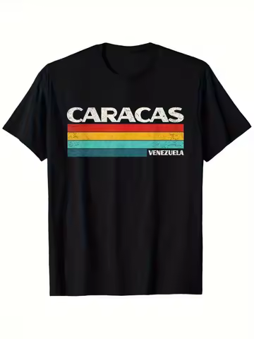 Men's Retro 70s Caracas Venezuela Pattern T-shirt with Letters and Venezuelan Flag Colors, Casual Re