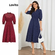 Lovito Casual Dress Polka Dot Smocked Frill Puff Sleeve Dress for Women LBL10246