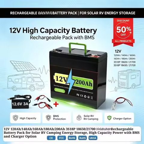 12V 120Ah/140Ah/160Ah/180Ah/200Ah 3S18P 18650/21700 Li-ion Rechargeable Battery Pack for Solar RV Ca