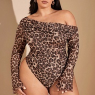 ผู้หญิงไซส์พลัสฤดูใบไม้ร่วงและฤดูหนาว Leopard Print Asymmetric One-Shoulder Long-Sleeved Jumpsuit ใส