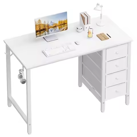White Computer Desk 19.7"D x39.4"W x29.5"H Reversible Writing Table with Drawers Bedroom
