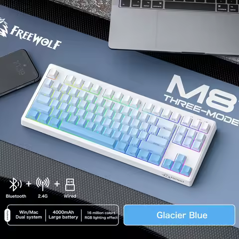FREEWOLF M87V2 Gaming Keyboard,Low-pitched Key Transparent Keycap,Tri-mode RGB,4000mAh Battery,Long-