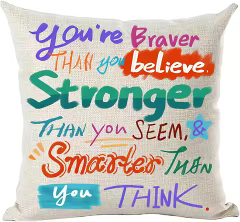 Inspirational Quote Pillowcase, You're Braver Than You Believe Cushion Cover, Colorful Typography Ho