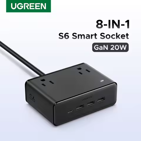 UGREEN 6 in 1 Power Strip UK/US Plug 2 AC 3 USB-A 1 USB-C 2990W 13A 250V Surge Protector PC Material