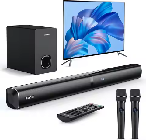 Karaoke Soundbar with Wireless Microphones: Home Theater Bluetooth Speaker for TV, PC - HDMI ARC/Opt