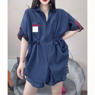 Two-piece Thin Shirt Women's Suit Lapel Fat M Extra Large Summer Catty Lazy Style European Loose 300 Sunscreen 1X3V
