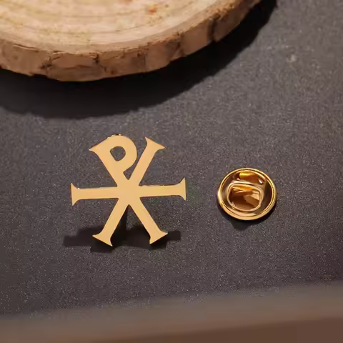 Stainless Steel Chi Rho Cross Brooch Pins Christogram Alpha Omega Greek Symbol Religious Jesus Chris