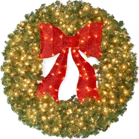 Pre-Lit Fir Christmas Wreath For Door And Mantel Decoration With Red Lighted Bow PVC Material Green