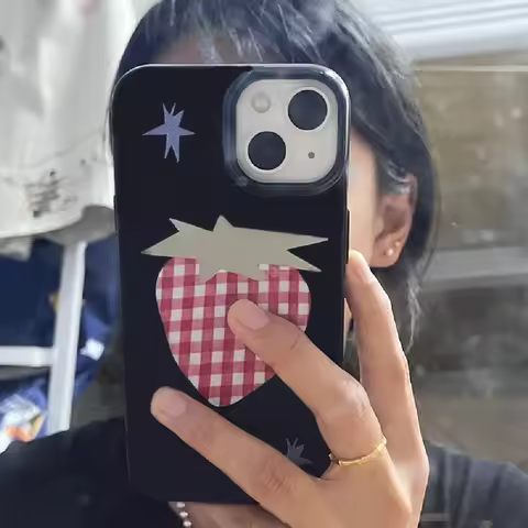 Clmj Ins Style Maple Leaves Grid Strawberry Phone Case for iPhone 16 15 14 13 12 11 Pro Max XS XR XS