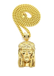 Mens Hip Hop Iced Out Gold God Jesus Face Pendant Cuban Link Chain Necklace