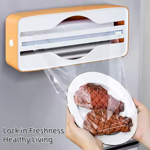 1 Black/Yellow Magnetic Double-Seat Household Kitchen Plastic Wrap Dispenser, a Plastic Wrap Cutter 