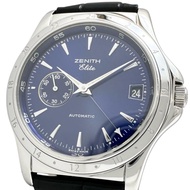 二手真力時(ZENITH) 90/01 0030 682 Elite GMT腕錶，不銹鋼/皮革錶帶（原廠錶扣），自動機械機芯，藍色錶盤/黑色皮革錶帶（非原裝），男士款