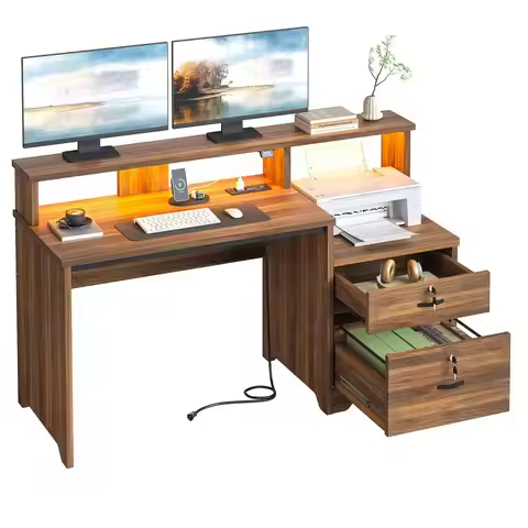 55 Inch Wood Computer Desk with Lockable File Drawer, Charging Station amp LED Lights Home Office De