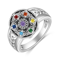 Mandala Chakra Ring Yoga Lotus Flower Rings for Women Sterling Silver Healing Crystal 7 Chakra Balan