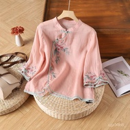 National Style Top Cotton Linen Embroidered Shirt Women Ethnic Summer New Chinese Diagonal Buttoned 