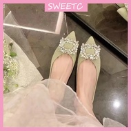 SWEETC Plus Size43 Women's Fashion Pointed Toe Rhinestone Flats Bridesmaid Wedding Shoes Ballet Flat