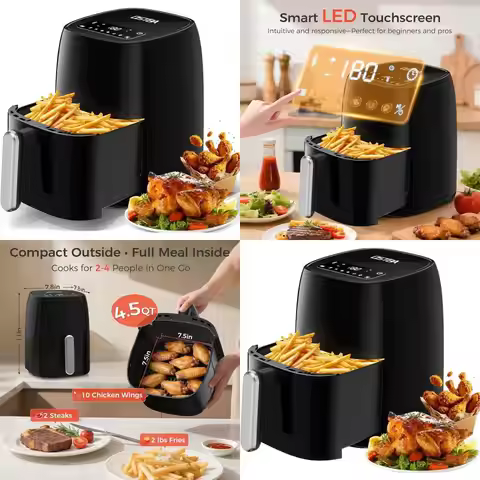 4.5QT Tempered Glass Air Fryer with LED Touch Screen, 6 Presets, Adjustable Temp & Time, Dishwasher 