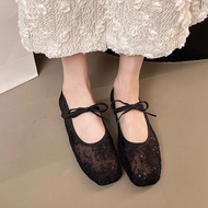 Tikp4 French Hollow Out Mesh Mary Jen Women's Shoes One Word With Bow Breathable Flat Shoes176104638