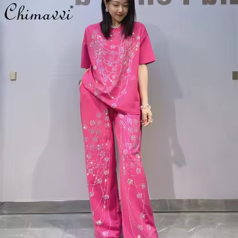 High-end Fashion Pant Suit for Women 2026 Summer Heavy Rhinestone Embellished Short-sleeve T-shirt T