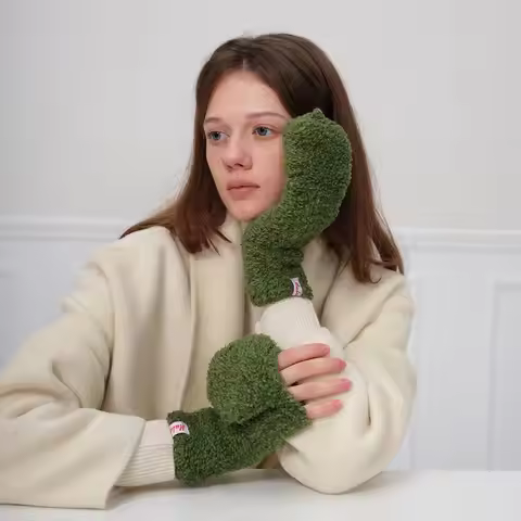 Korean Japanese Style Flip Top Mittens, Plush Warm Half Finger Gloves, Unisex Winter Convertible Glo