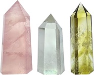 Set of 3 Healing Crystal Wands of Rose Quartz, Clear Quartz & Yellow Quartz,Pointed & Faceted for He