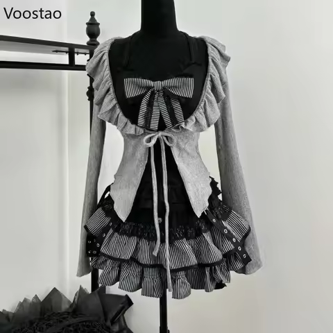 Y2k Gothic Lolita Style 3 Piece Set Women Sweet Ruffles Cardigan Cute Bow Vest Tops Stripe Mini Ckae