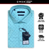 OWEN SALE - Áo Sơ Mi Owen Tay Ngắn Màu Xanh Ngọc  Họa Tiết Hoa Văn Form Body Lai Ngang Chính Hãng