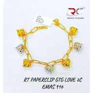 RANTAI TANGAN PAPERCLIP GANTUNG LOVE 2C EMAS TULEN 916 GELANG TANGAN PAPER CLIP EMAS 916 NEW FASHION